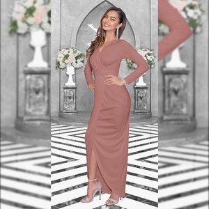 Formal Wrap Draped Cocktail V-Neck Gown Maxi Dress